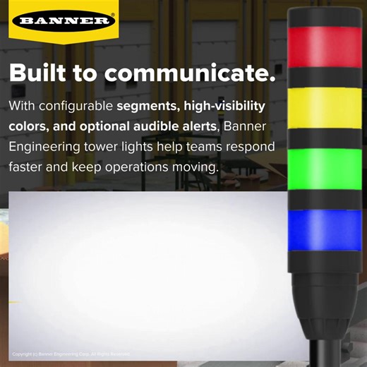 One light can say a lot when it’s built to. Banner Engineering tower lights are available with multiple segments, vibrant color options, and audible alerts, so you can communicate exactly what’s happening at a glance. 🔴🟡🟢 Segmented designs Display multiple machine states in a single tower: running, waiting, fault, or maintenance. 🎨 High-visibility colors Bright, uniform illumination in standard and custom color combinations to match your operation’s visual standards. 🔊 Audible options Add s