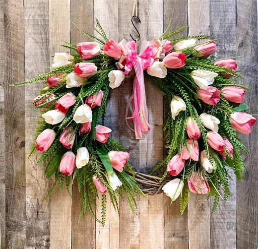 Pink & White Tulip Spring Wreath for Front Door With Bow, Summer Wreath. - Etsy