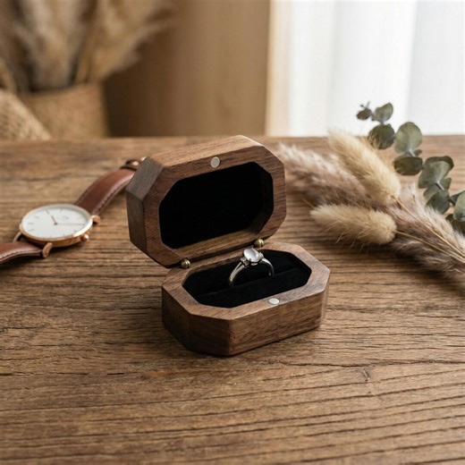 Handmade Walnut Wood Ring Box With Black Velvet Interior, Vintage Octagonal Engagement Wedding Ring Holder for Proposal Ceremony - Etsy