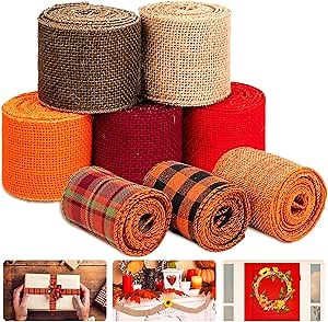 Whaline 8 Burlap Ribbon Roll - Assorted Fall Wired Wrapping, Rustic Plaid Red Orange Brown Nature Craft for Gift Wrapping, Thanksgiving, Christmas, Wedding, Autumn Harvest Wreath Decor, 26 Yard