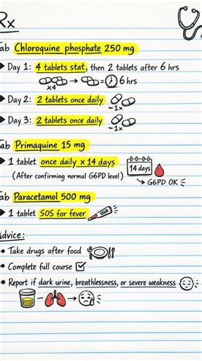 Dr.Vaibhav on Instagram: "📌 Malaria Rx Simplified | Quick Study Notes for Clinicians & Students Boost your clinical recall with easy handwritten Rx breakdowns! 🧠💊 In this reel you’ll learn: ✔️ Chloroquine & Primaquine dosing made simple ✔️ G6PD safety reminder ✔️ Fever management with Paracetamol ✔️ Key clinical advice you must remember Perfect for med students, nurses, interns & healthcare pros prepping for rounds or exams! 🎓🩺 👉 Save this Reel for later 👉 Share with your study squad 👉 C