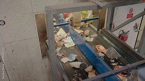 People in systematic sorting and categorization of waste materials, transferring the waste to a designated disposal or processing site, practices ensuring waste is handled safely. Conveyor belt.