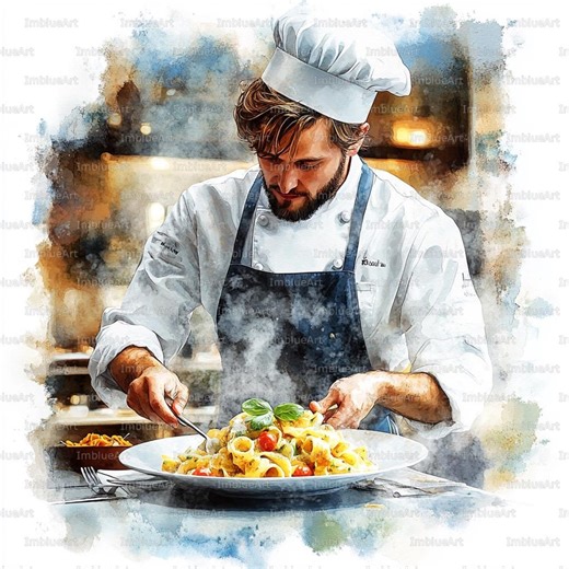 24 Chef Clipart, Chef Serving Pasta Restaurant Cooking Food Scene, Watercolor Printable JPG 300 DPI, Scrapbook, Junk Journal - Etsy