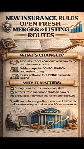 🛡️📈 New Insurance Rules Open Fresh Merger & Listing Routes India’s insurance sector is set for a major shift as new regulatory changes now allow non-insurance players to merge with insurers, opening the door for greater consolidation and new listing opportunities. 📌 What’s changed? • Non-insurance companies can now merge with insurance firms • Wider scope for consolidation and restructuring • Easier pathways for listing and capital raising • Aimed at improving scale, efficiency, and competiti