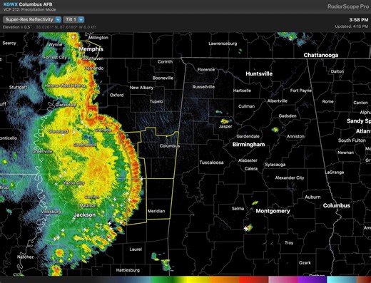 4:18 PM Weather Update: tracking a thunderstorm bow-echo moving across MS this afternoon. It will arrive at the MS/AL border around 5 PM and into the Birmingham area around 7 PM or so. 40 mph winds and heavy rain are possible. | Chief Meteorologist Dave Nussbaum
