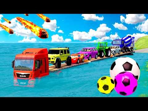 Triple Flatbed Trailer McQueen Transportation with Truck - Speedbumps vs Cars vs Train - BeamNG #