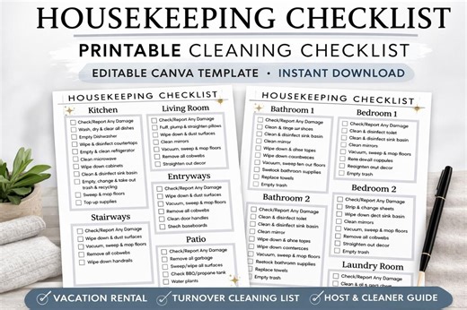 Housekeeping Checklist Template, Vacation Rental Cleaning Checklist Printable, Airbnb Turnover Cleaning List, Host Cleaner Checklist Canva - Etsy