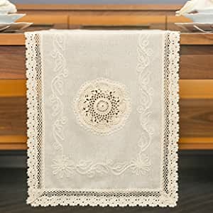 Table Runner - Handmade Crochet Lace Runner on Linen and Cotton Blend Fabric for Dining Table, Dresser and Coffee Table (14x72 inch - 36x183 cm)