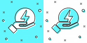 Schwarze Linie Blitzsymbol isoliert auf grünem und weißem...