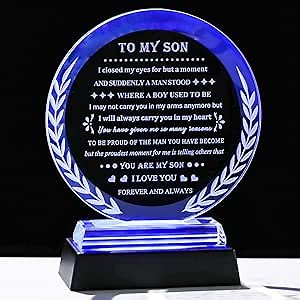 Arikyrist Meaningful Son Gifts from Mom Dad Inspirational Birthday Gifts for Adult Son Crystal Keepsake with LED Base To My Son Present on Graduation Fathers Day Christmas Valentines