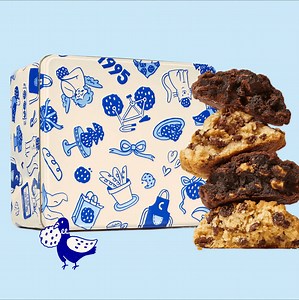 5.8K views · 27 reactions | We’re celebrating 30 sweet years with this limited-edition cookie tin, designed to hold 8 freshly baked, ooey-gooey cookies! | Levain Bakery | Facebook