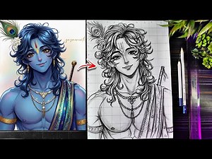 How To Draw Shree Krishna In Anime Style❤️‍🔥, Lord Krishna Drawing With Grid Method, Step By Step