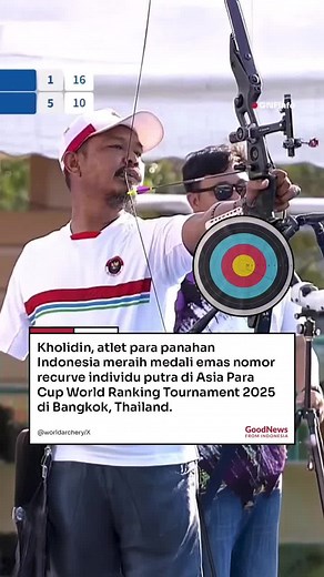 Kholidin, atlet para panahan Indonesia meraih medali emas nomor recurve individu putra di Asia Para Cup World Ranking Tournament 2025 di Bangkok, Thailand. Kholidin menaklukkan wakil tuan rumah, Hanreuchai Netsiri dengan skor 7-1 di babak final. Hal tersebut, berkat kemampuan membaca dan beradaptasi dengan angin yang menjadi salah satu kunci kesuksesan Kholidin meraih medali. Selain itu, Kholidin juga berhasil memenangi dua medali perak, yakni dari nomor recurve beregu putra saat berpasangan den