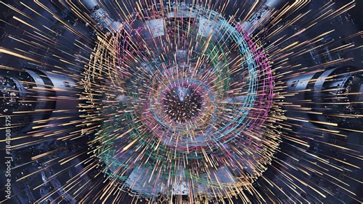 Futuristic space station animation with particles and light lines emanating from its center, perfectly capturing the concept of technological innovation and energy in motion.