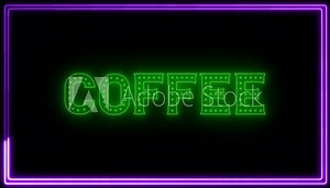Coffee, cafe neon sign fluorescent light glowing on signboard background. Text by neon lights sign in dark night. The best stock of neon coffee, cafe flickering, flash and blinking color black backgro
