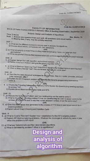 design and analysis of algorithm|| MCA 2nd semester|| previous year exam paper 📜