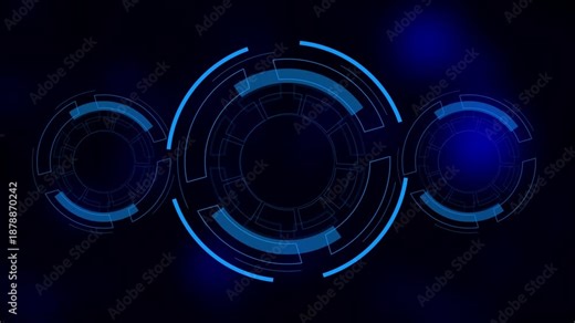 Futuristic circular interface animation h rotating digital rings. Abstract technology HUD elements forming radial system layout. Sci fi dashboard graphic for data visualization and modern screen