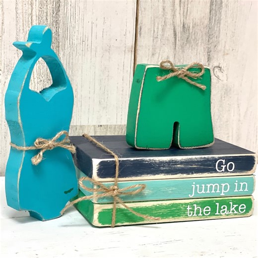 Rustic Lake House Decor: Wooden Book Stack With Swimsuits - Etsy