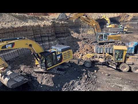 3 Excavators Loading Overburden + Cat 160H Grader in Huge Mine | Caterpillar & Liebherr - Ascon Ltd
