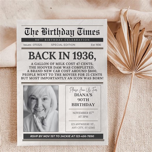 90th Birthday Invitation, Birthday Newspaper Invite With Photo, Editable Canva Template - Etsy