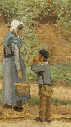 Camille Pissarro ließ sich 1855 in Frankreich nieder, wo er bereits einen Teil seiner Schulzeit verbracht hatte. Der Realismus seiner frühen Landschaftsbilder ist von Künstlern der Schule von Barbizon wie Camille Corot und Gustave Courbet beeinflusst. Oft malte er die Nutzgärten, Felder und Straßen in seinen Wohnorten Pontoise und Louveciennes. Manche kritisierten diese Motive als banal, andere feierten sie als echt und ehrlich. Neben seinem Interesse für das bäuerliche Leben gehörte Pissarro zu