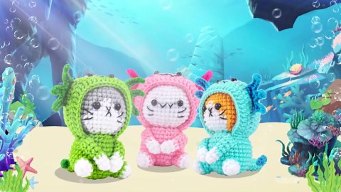 Fortuning's JDS Crochet Kit for Beginners - 3 PCS Axolotl Cat Crochet Kits with Step-by-Step Video Tutorials, Beginner Crochet Kit for Adults, Crochet Cat Dressed as Axolotl Set