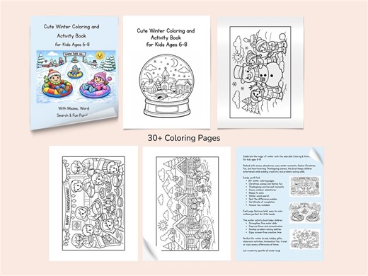 Cute Winter Coloring and Activity Book for Kids Ages 6–8 Christmas and Thanksgiving Coloring Pages, Mazes, Word Search - Etsy