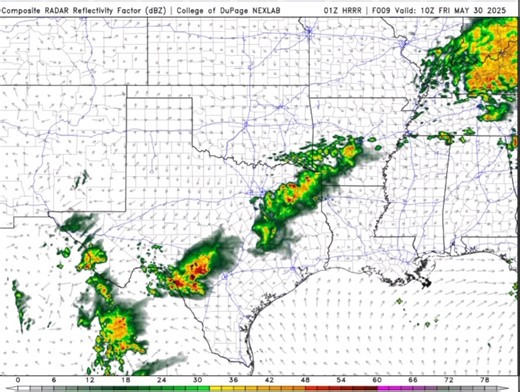 HRRR Simulated Radar for the next 12 hours. Storms possible across the Del Rio to Eagle Pass area later tonight/early Friday morning. 10:00 PM 05/29/2025 | South Texas Weather Updates