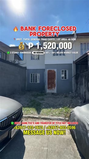 🚨 FORECLOSED ALERT! 🚨 Ganito kababa ang presyo pero isang buyer lang ang makakakuha! 🏡 Townhouse Inner Lot in Woodcress 7, General Trias Cavite ✔️ 3 Bedrooms ✔️ With Parking ✔️ Ready for occupancy 💰 ₱1,520,000 ONLY ✔️ Bank Financing ✔️ NO BIDDING (kung walang kasabay) ❗️Kapag may nauna, sold agad! 📩 Message us now — FREE house tour assistance! | Foreclosed Homes and Lots by Jane