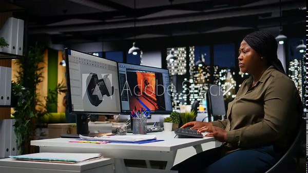 Female developer creates Mars based virtual station using AI tech. Futuristic program processing data with machine learning and automation to optimize game design and development. Camera A.