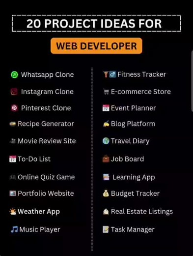 🚀 Level up your coding skills with these game-changing web dev projects! 💻✨ From dynamic e-commerce sites to real-time chat apps, the right project can sharpen your skills and boost your portfolio. 🛠️ Which one will you build next? Drop your favorite project idea below! 👇 #herwebnest #WebDevelopment #Programming #CodeNewbie #JavaScript #ReactJS #NodeJS #FrontEndDev #BackEndDev #FullStack #WebDev #TechProjects #CodingLife #Developer #PortfolioProjects #LearnToCode #TechInnovation #SoftwareEng