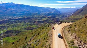 Colca Canyon in Peru aerial drone view. It is Peru's third most-visited tourist destination and one of the deepest valleys in the world. The Colca Valley is a colorful Andean valley.