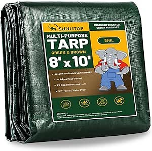 8x10Ft Tarp Cover 5 MIL Waterproof Poly Tarps, Light Duty Tarpaulin with Grommets, Reinforced Edges, Rip & Tear Proof, Multipurpose Finished Size Tarp for Cars, Boat, Roof, Camping - Green