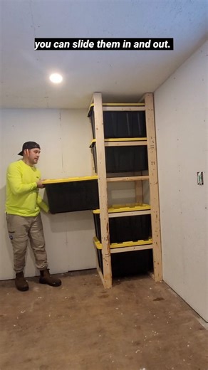 Built this storage rack to hold totes, it allows you to slide them in and out for easy access. The build is super easy and requires minimal material, tools. #storage #storagerack #storageideas #storagesolutions #diystorage #tote #carpentrywork #diyprojectideas #diyproject #diyrenovation #homeprojects #carpentrylife #woodwork #handymanservice #renotips #diyprojectideas | Meyers.makes