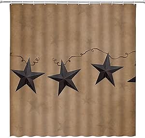 Rusty Star Primitive Extra Long Shower Curtain,Rustic Western Farm Texas Vintage Star Barn Door Country Farmhouse Old Village Bathroom Home Curtain Decor with Hooks,70" Wx75 H