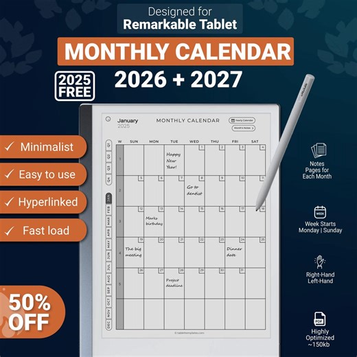 Monthly Calendar for Remarkable 2 and Remarkable Paper Pro 2026   2027, Hyperlinked PDF Template - Etsy