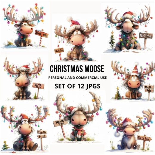 Christmas Moose Clipart, 12 Whimsical Moose Illustrations, Festive Holiday Moose Art, North Pole Decor, Moose With Santa Hat, Holiday Lights - Etsy