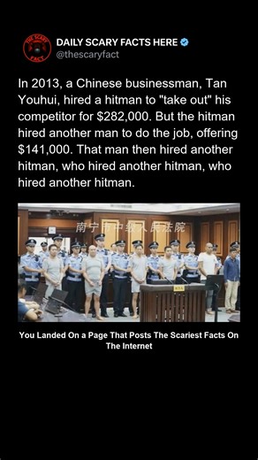 In 2013, a Chinese businessman hired a hitman to kill his rival for $282,000. But greed took over — the hitman outsourced the job for half the money, and the next did the same, until five hired killers were involved. The last man, realizing how absurd the plan had become, went to the police. All six were arrested, turning an assassination plot into one of the most ridiculous crime stories ever told. 🔴 Follow @thescaryfact for more shocking real stories that sound too insane to be true. | thesca