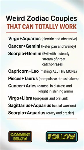 A lineup of unconventional zodiac pairings that defy the rules of astrology. These quirky duos blend chaos, chemistry, and charm in ways that shouldn’t work, but absolutely do. #ZodiacCouples #AstrologyMatch #StarSignCompatibility #WeirdButPerfect #AstrologyFun #ZodiacHumor #CosmicConnections #HoroscopeVibes #UnusualMatches #AstroPairings | Zodiac Vibes