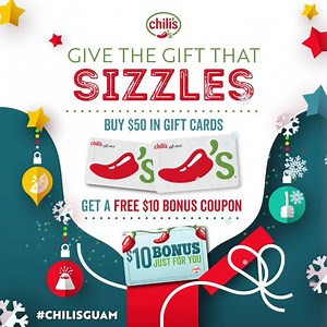 Still need that perfect after holiday gift?! #PutABowOnIt with #ChilisGuam Gift Cards! - Receive a $10 Bonus Coupon with every $50 purchase in Chili's Gift Cards! - Call 648-7377 for more information. | Chili's Grill & Bar - Guam