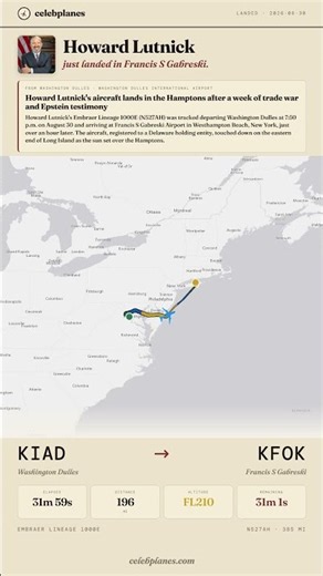 Howard Lutnick's jet: KIAD → KFOK