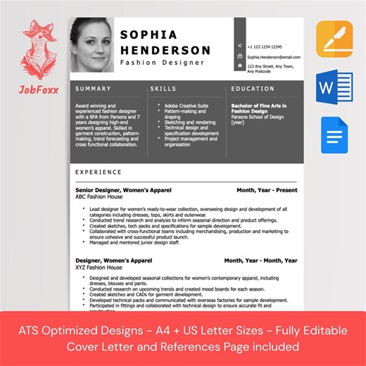 Fashion Designer Resume Template | Fashion Design Resume | ATS Friendly Creative Designer | Fashion Industry CV - Etsy