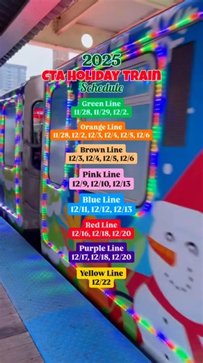 1.4K views · 808 reactions | Hey, Chicago. Here’s the 2025 CTA Holiday Train Schedule: Green Line: 11/28, 11/29, 12/2. Orange Line: 11/28, 12/2, 12/3, 12/4, 12/5, 12/6. Brown Line: 12/3, 12/4, 12/5, 12/6. Pink Line: 12/9, 12/10, 12/13. Blue Line: 12/11, 12/12, 12/19. Red Line: 12/16, 12/18, 12/20. Purple Line: 12/17, 12/19, 12/20. Yellow Line: 12/22. #chicago #chi #cta #holidaytrain #chicagoholidays #christmasinchicago | Mrsouthloop | Facebook