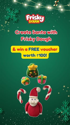 Frisky_India on Instagram: "Create your own Santa with Frisky Dough 🎅🎨 Click a picture, send it to us, and win a FREE voucher worth ₹100 🎁 ✨ Voucher redeemable only on the Frisky website 📦 Frisky Dough box must be visible in the photo/video Let little hands create big Christmas magic ✨ #FriskyDough #CreateSanta #KidsCreativity #ChristmasFun #PlayAndCreate"