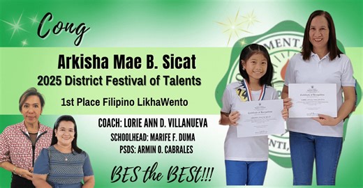 📚✨ 1st Place – Filipino LikhaWento! ✨📚 Congratulations to Arkisha Mae B. Sicat for winning 1st Place in the 2025 District Festival of Talents – Filipino LikhaWento! Your imagination, creativity, and storytelling skills truly stand out. 🌟 Burol Elementary School is proud of you! 👏💛 | DepEd Tayo Burol ES-Laguna