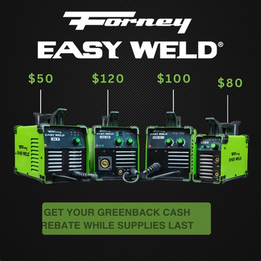 Turn sparks into savings! 💵 Get Forney greenback rebates on Easy Weld machines! Receive a rebate when you purchase a qualifying Forney® welder from a verified Forney® in-store reseller or www.forneyind.com during August 1, 2025 through June 30, 2026. #ForneyInd #Rebates #Cashback #Savings #Welding #ForneyRebates #WeldingLife | Forney Industries
