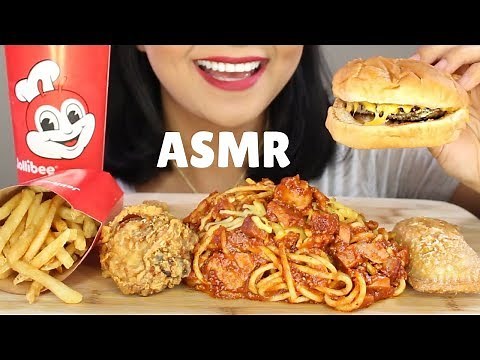 ASMR JOLLIBEE Spaghetti, Burger, Fried Chicken and Peach Mango Pie EATING SOUNDS