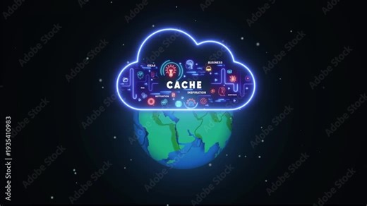 Neon cloud with CACHE text and icons floating above planet Earth in starry space CACHE lettering