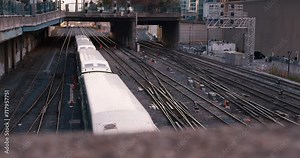 passenger train under bridge multi-track road. journey, emblem exploration, adventure. canvas scenic, diverse rail journey. essence journey, illustrating vital role dynamic modern travel.