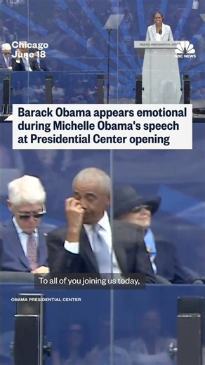 Barack Obama appears emotional during Michelle Obama's speech at Presidential Center opening